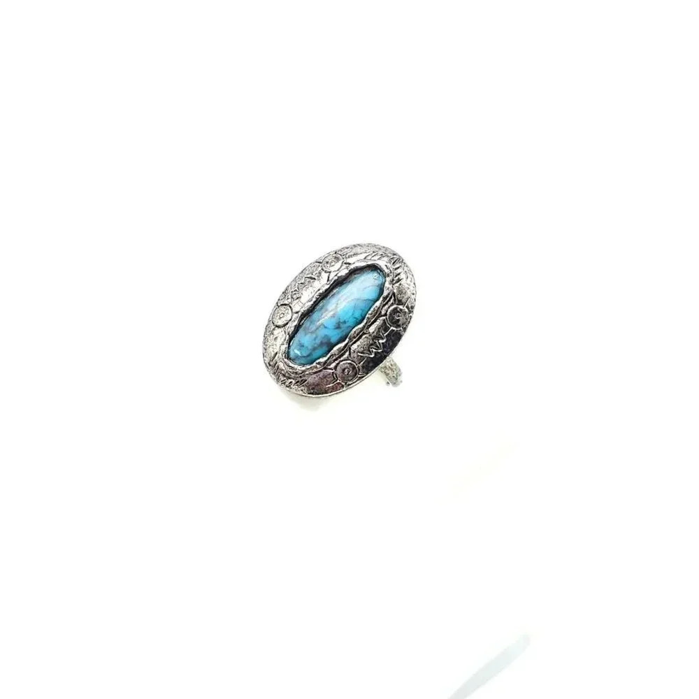 Faux Blue Turquoise Southwest Silver Tone Vintage 1970s Oval Ring Size 7.25